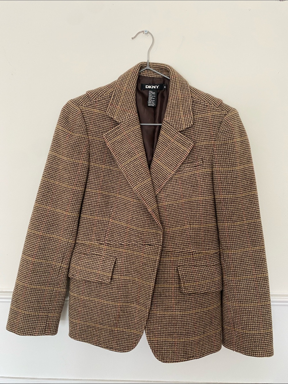DKNY Brown Plaid Wool-Blend Blazer with Subtle Rust Accents
